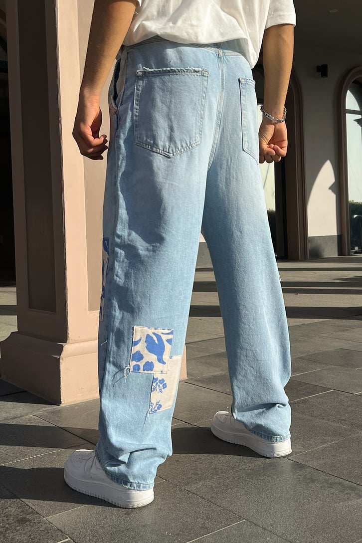Flowers Patch Detay Buz Mavi Baggy Jean