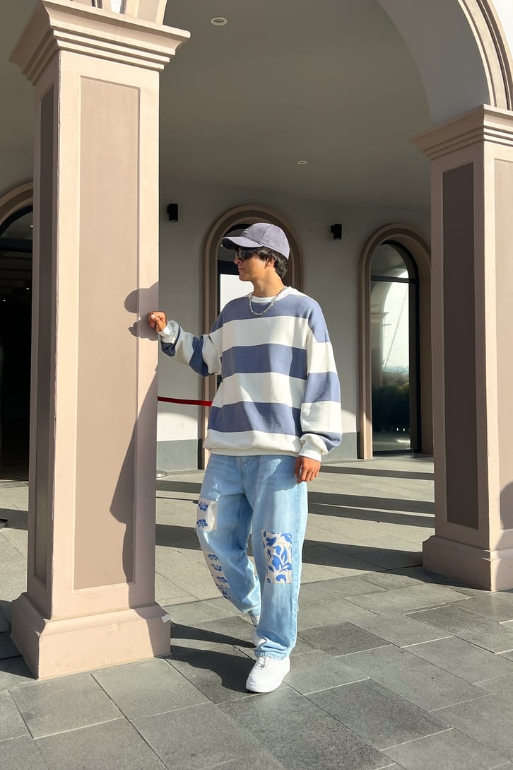 Flowers Patch Detay Buz Mavi Baggy Jean