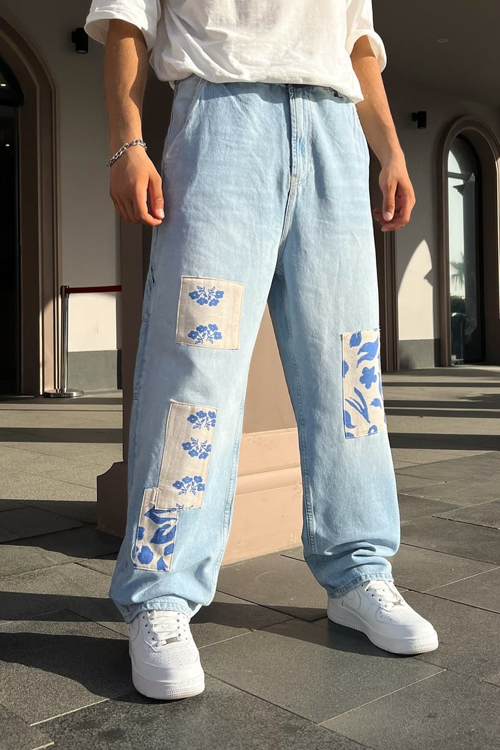 Flowers Patch Detay Buz Mavi Baggy Jean
