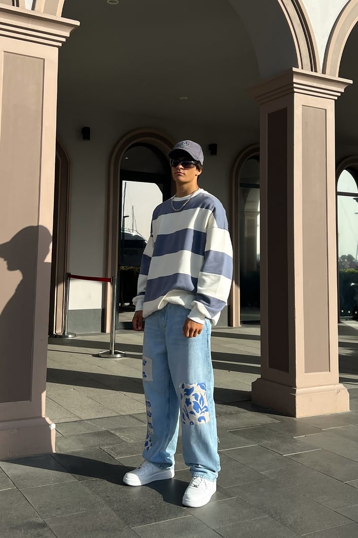 Flowers Patch Detay Buz Mavi Baggy Jean