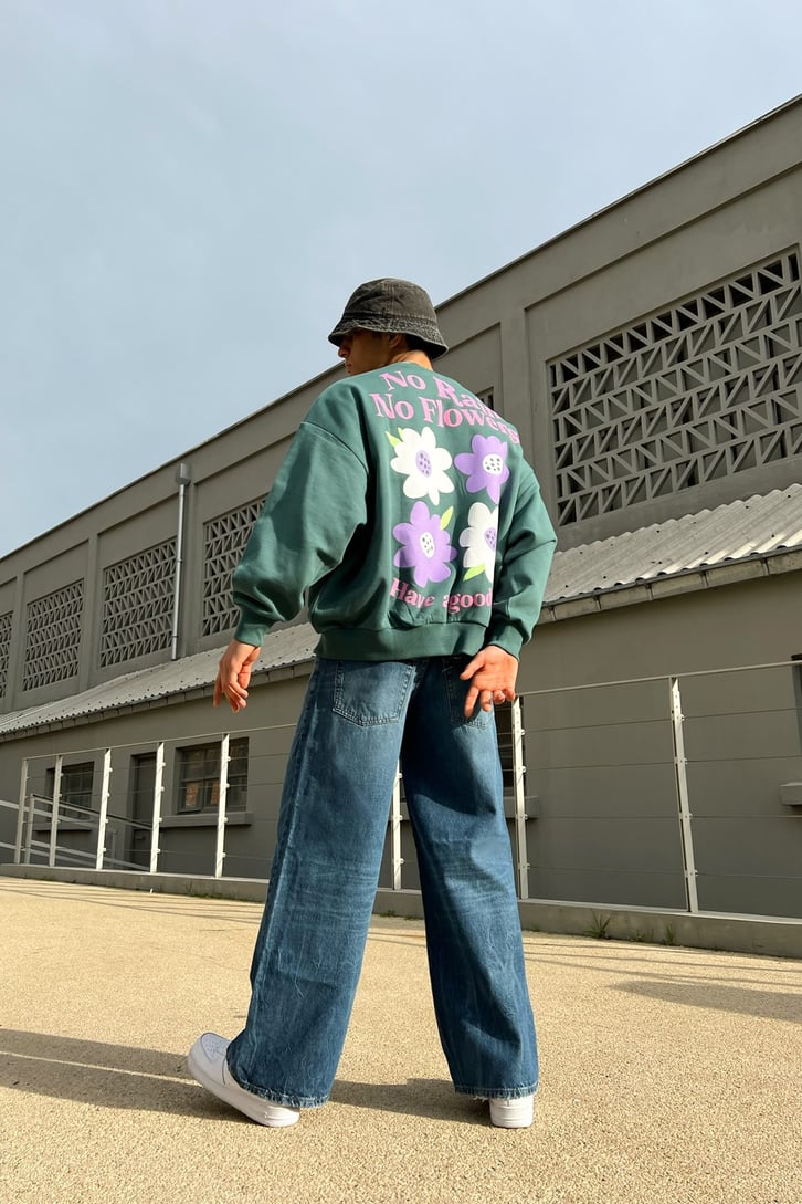 Flowers Sırt Bakılı Yeşil Sweatshirt