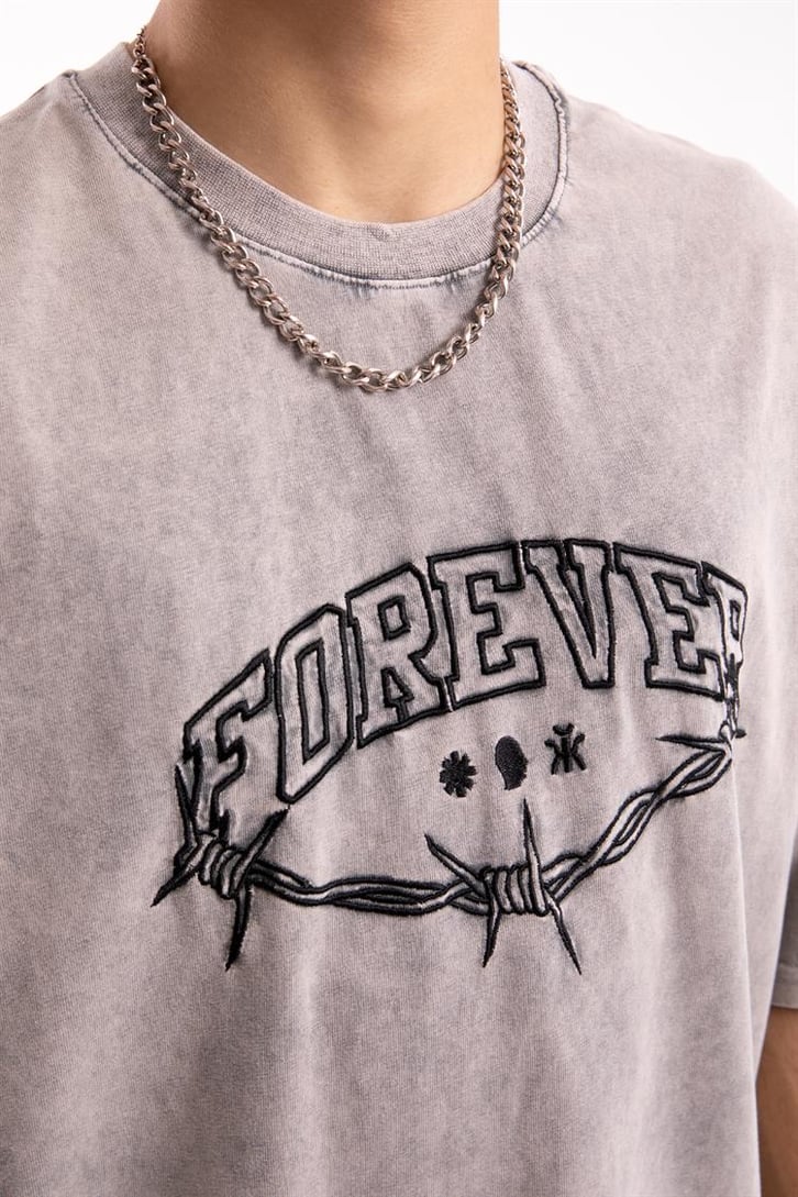 Forever Barbed Nakışlı Acid Wash Oversize Tshirt