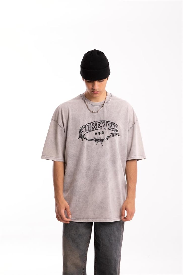 Forever Barbed Nakışlı Acid Wash Oversize Tshirt