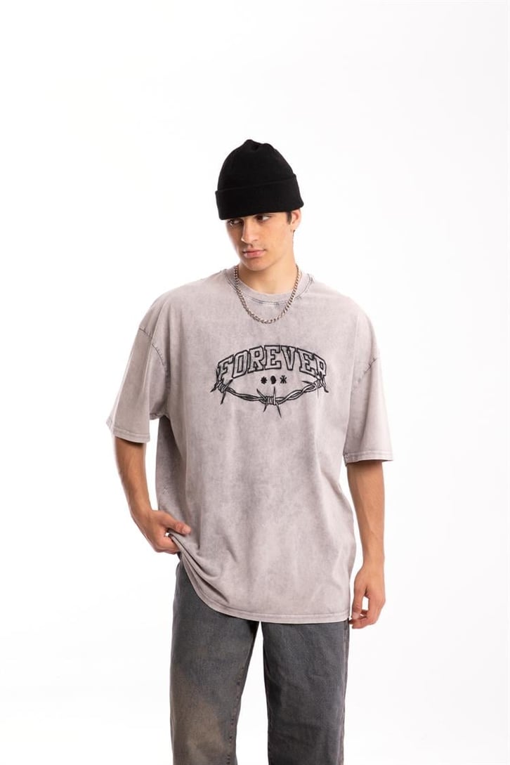 Forever Barbed Nakışlı Acid Wash Oversize Tshirt