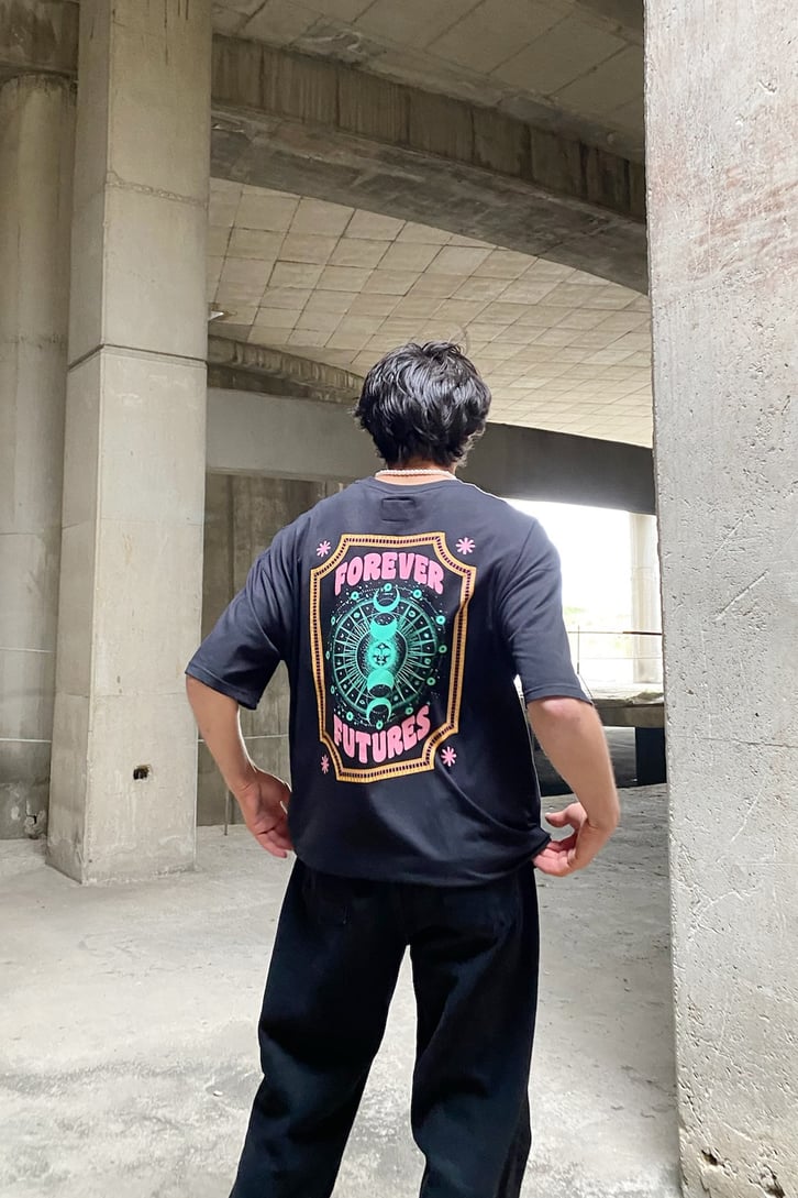 Forever Future Baskılı Siyah Oversize Tshirt