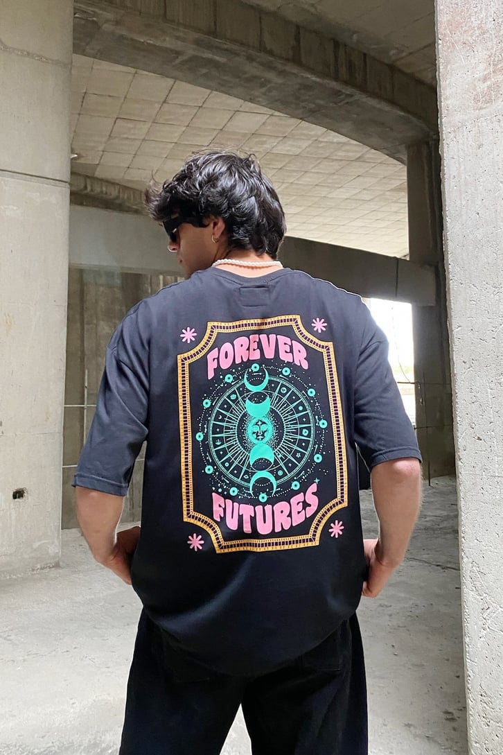 Forever Future Baskılı Siyah Oversize Tshirt