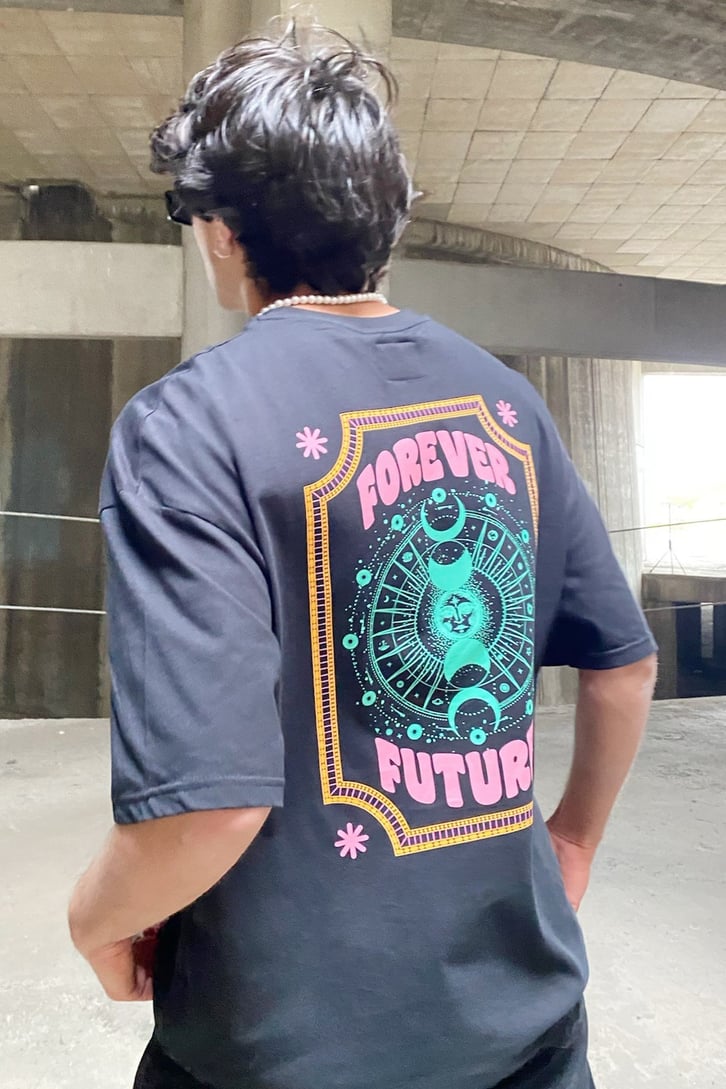 Forever Future Baskılı Siyah Oversize Tshirt