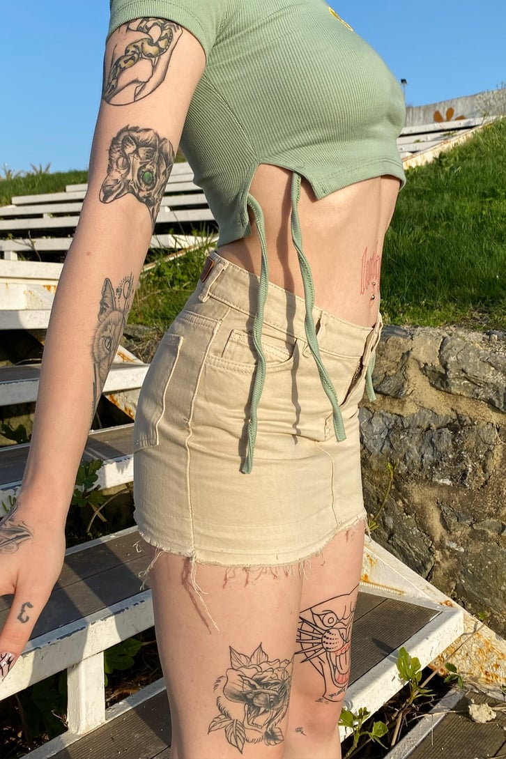 Fringed Bej Mini Etek