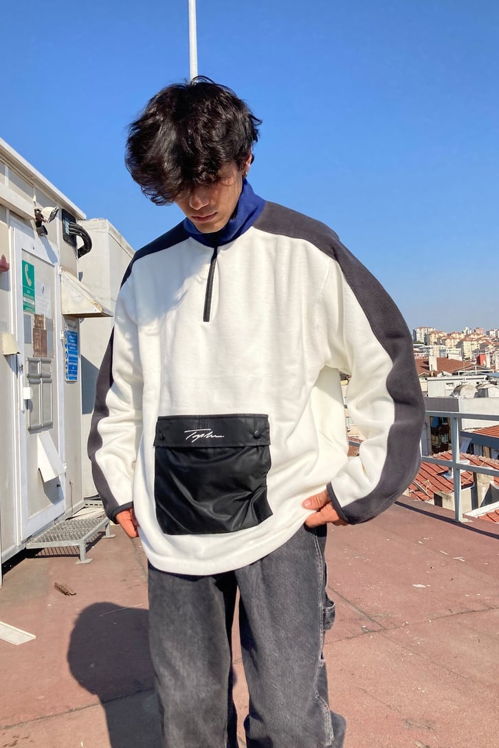 Front Pocket Oversize White Fleece