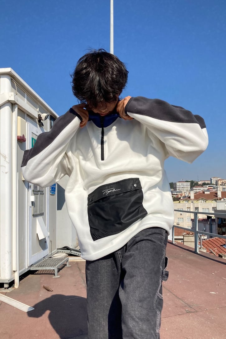 Front Pocket Oversize White Fleece