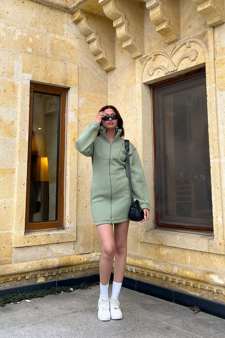 Full Zip Yeşil Sweat Mini Elbise