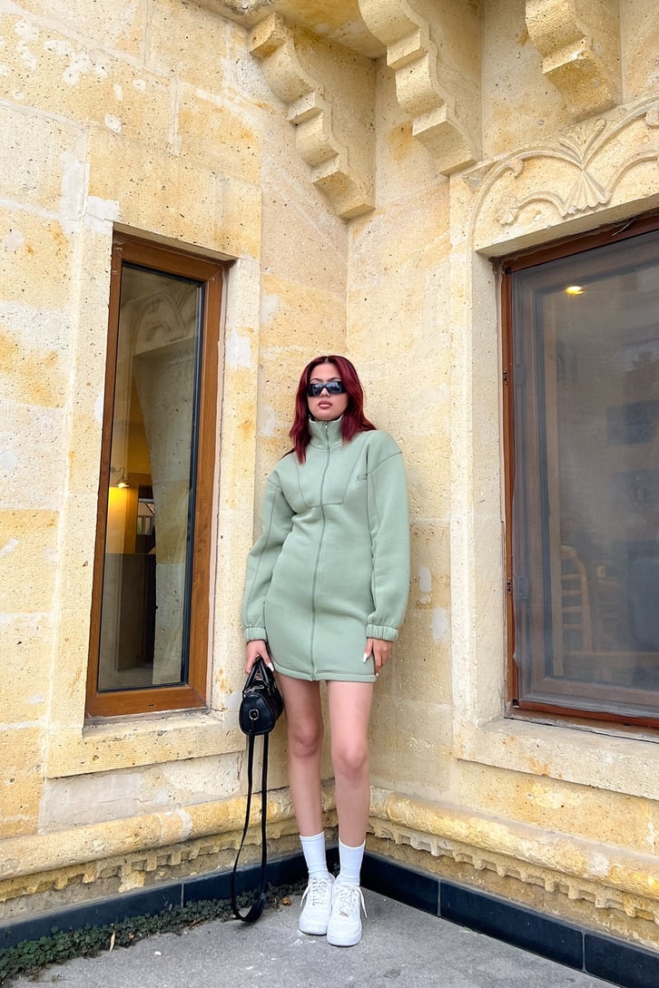 Full Zip Yeşil Sweat Mini Elbise