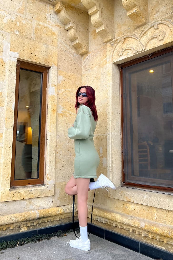 Full Zip Yeşil Sweat Mini Elbise