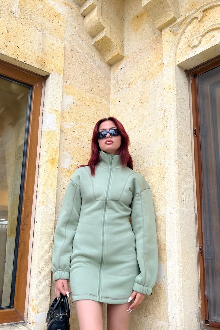 Full Zip Yeşil Sweat Mini Elbise