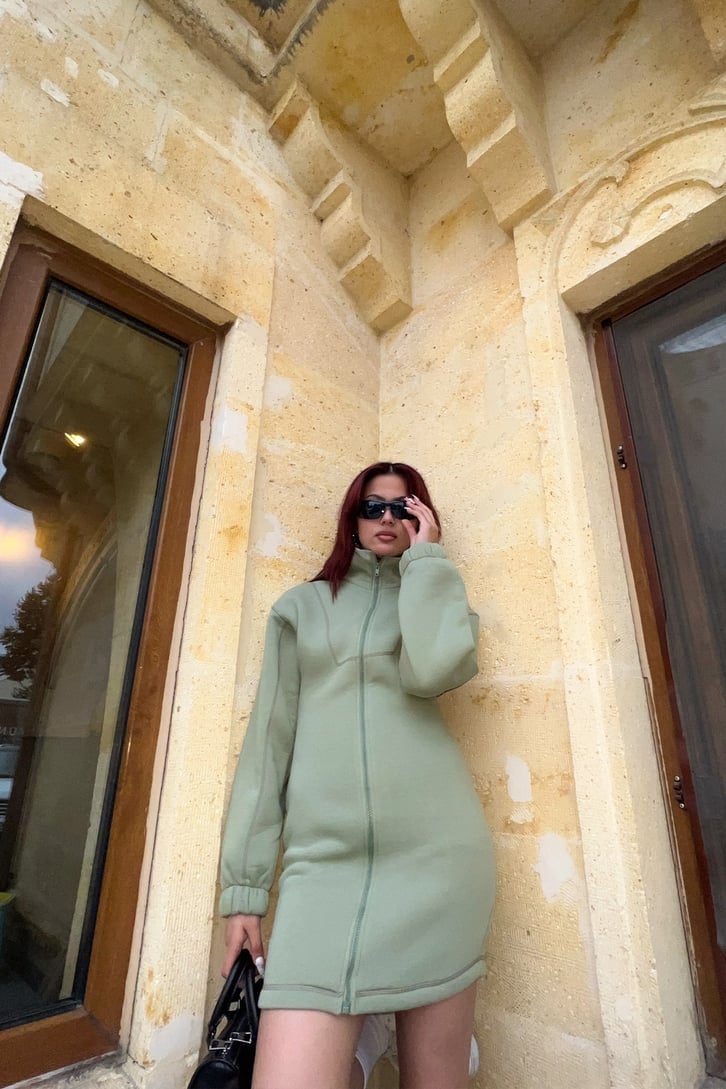 Full Zip Yeşil Sweat Mini Elbise