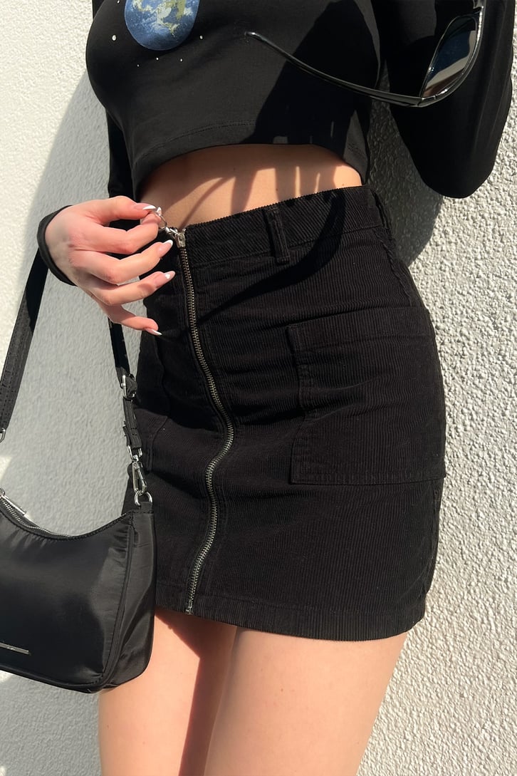 Full Zipper Siyah Kadife Mini Etek