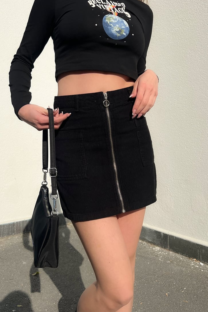 Full Zipper Siyah Kadife Mini Etek
