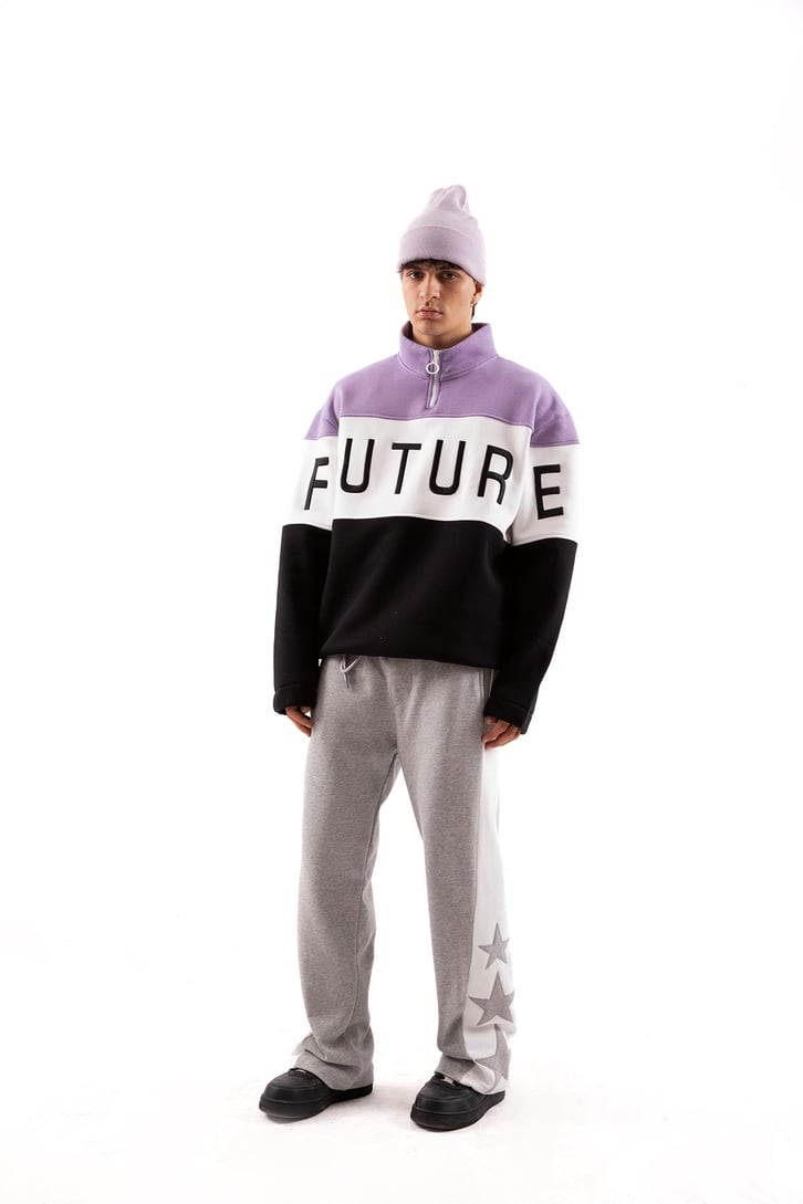 Future Baskılı Yarım Fermuarlı Siyah Oversize Sweatshirt