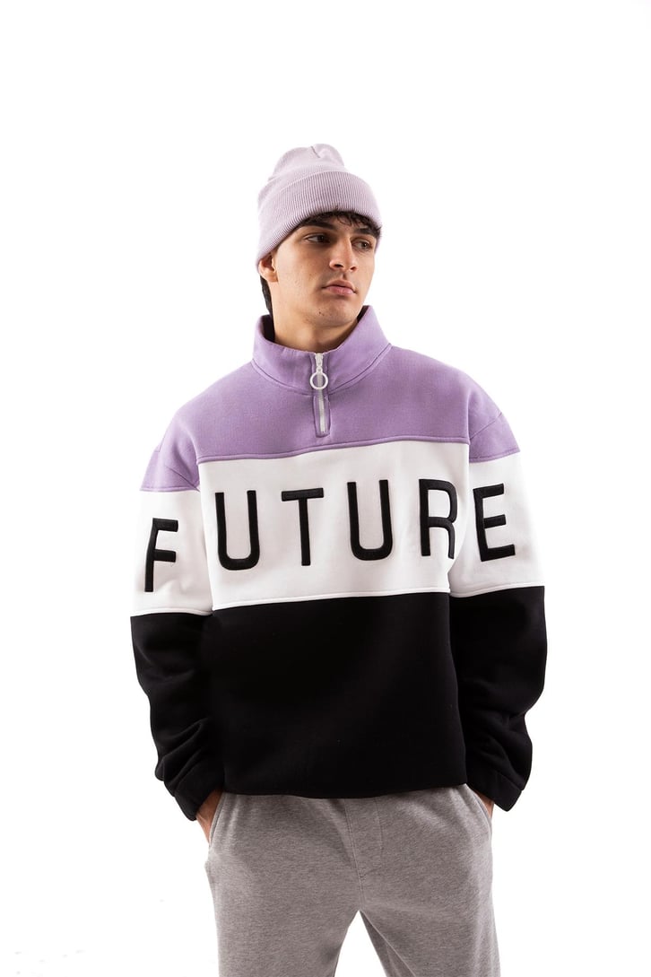Future Baskılı Yarım Fermuarlı Siyah Oversize Sweatshirt