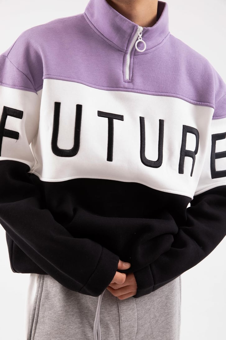 Future Baskılı Yarım Fermuarlı Siyah Oversize Sweatshirt