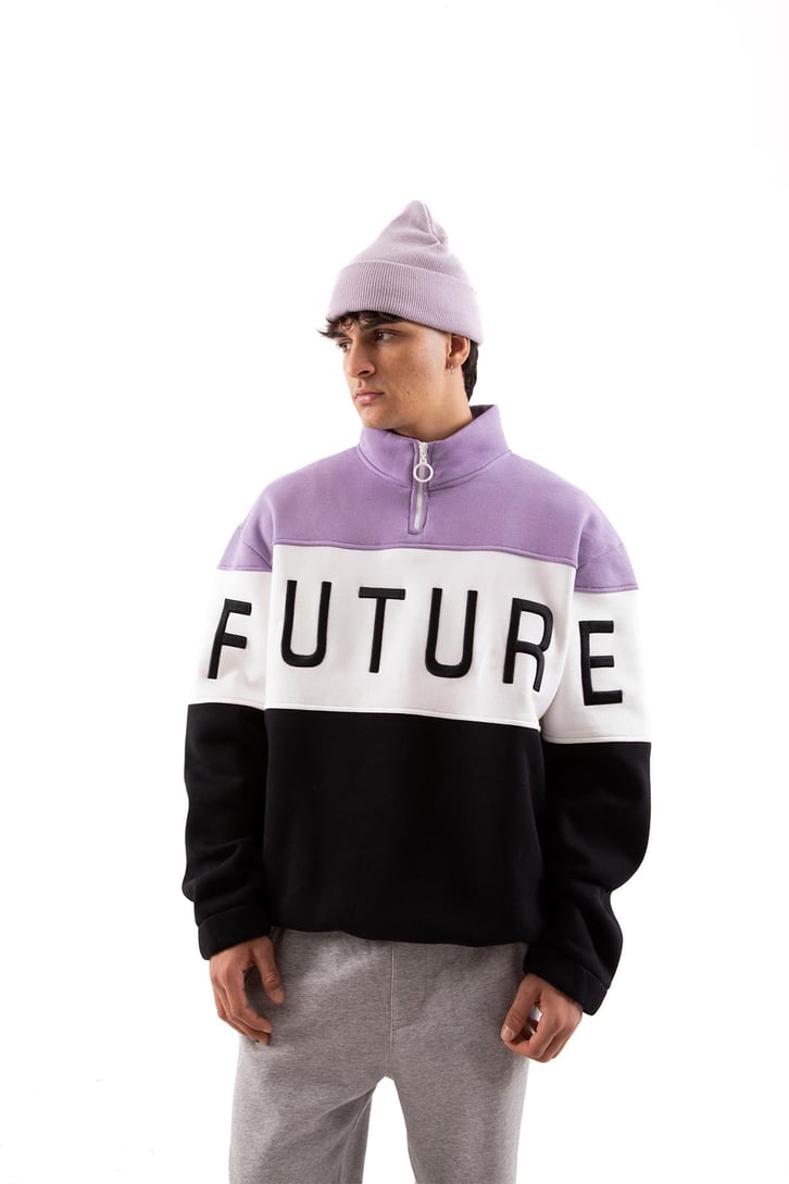 Future Baskılı Yarım Fermuarlı Siyah Oversize Sweatshirt