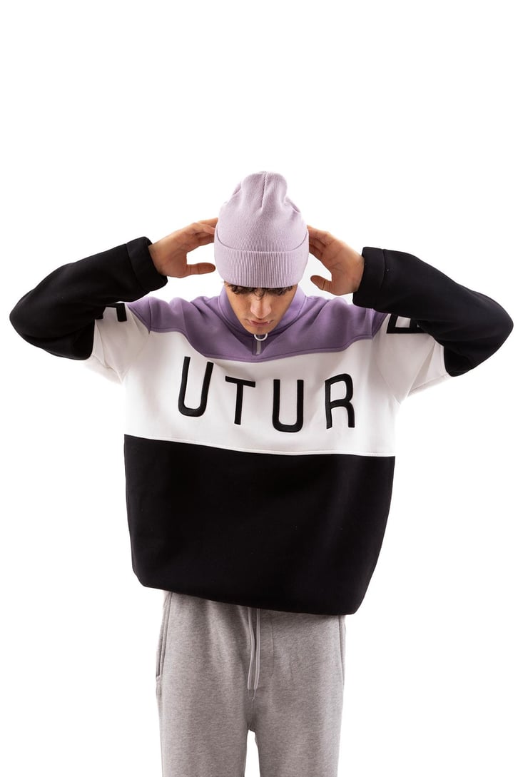 Future Baskılı Yarım Fermuarlı Siyah Oversize Sweatshirt