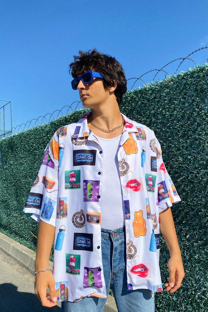 Game On Desenli Oversize Kısa Kollu Gömlek