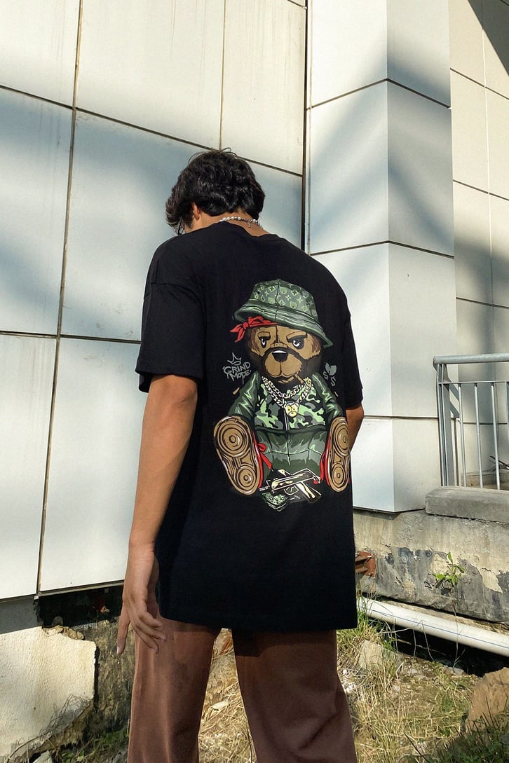 Gangsta Bear Sırt Baskılı Oversize Tshirt