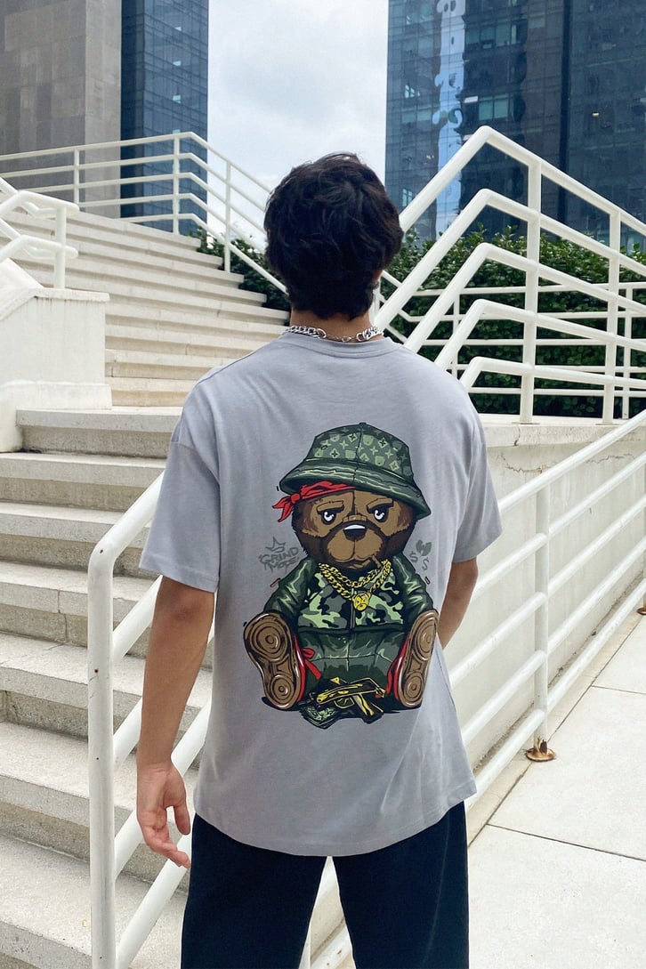 Gangsta Bear Sırt Baskılı Oversize Tshirt