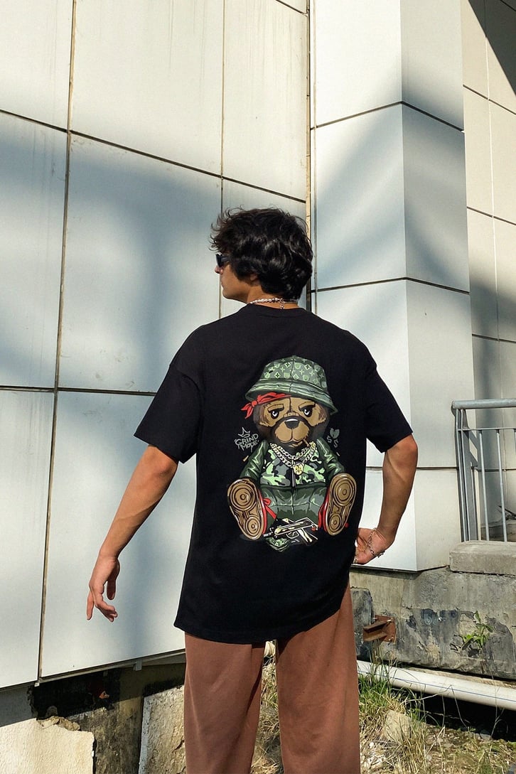 Gangsta Bear Sırt Baskılı Oversize Tshirt