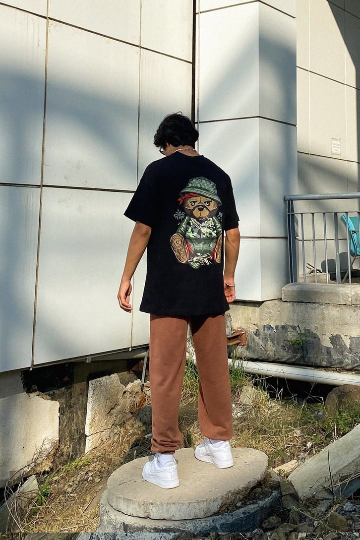 Gangsta Bear Sırt Baskılı Oversize Tshirt