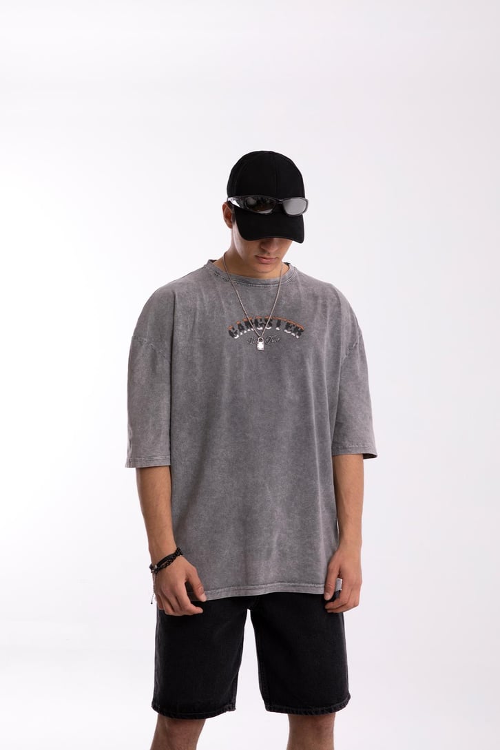 Gangster Baskılı Acid Wash Tshirt
