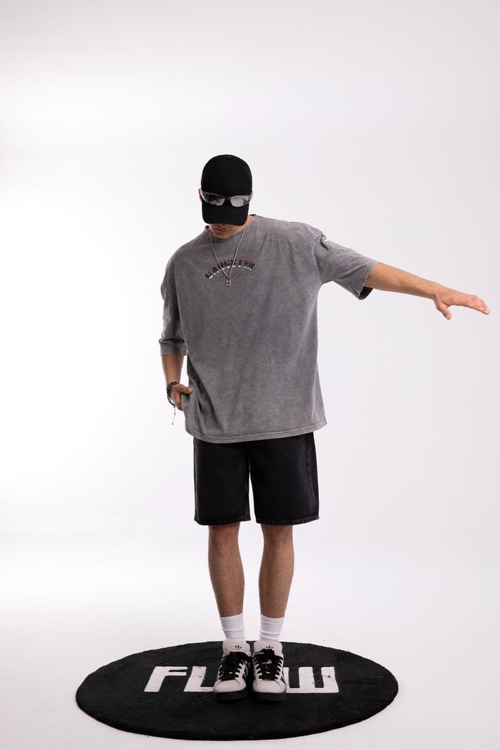 Gangster Baskılı Acid Wash Tshirt