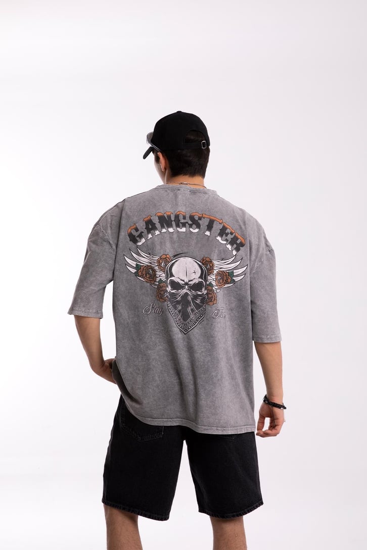 Gangster Baskılı Acid Wash Tshirt