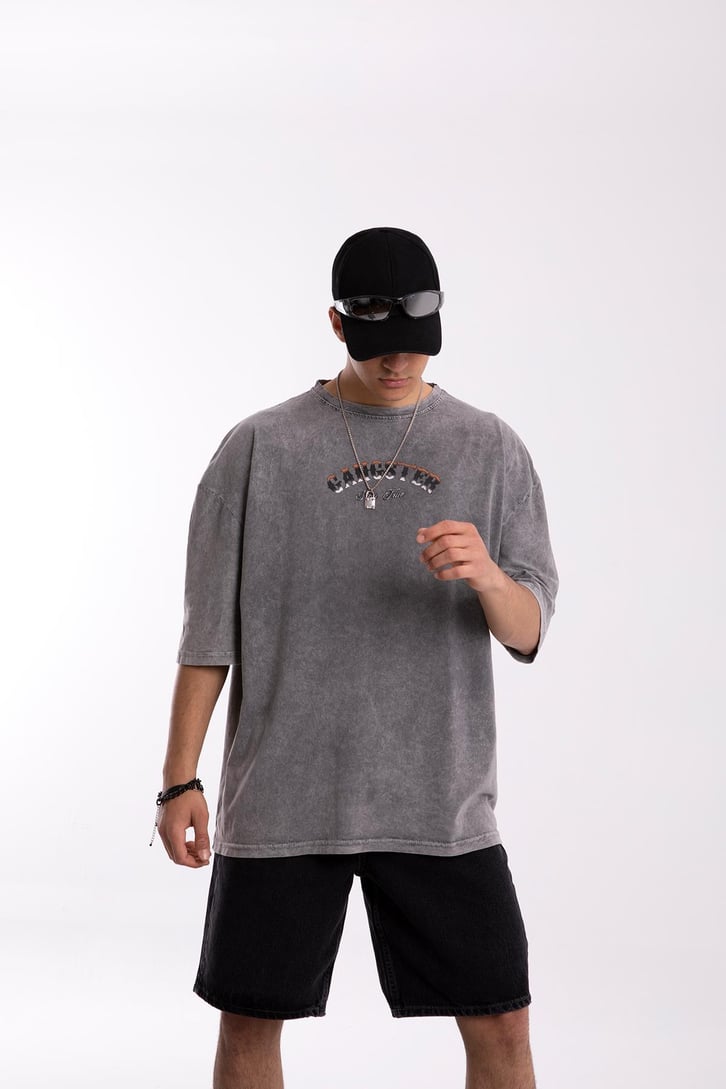 Gangster Baskılı Acid Wash Tshirt