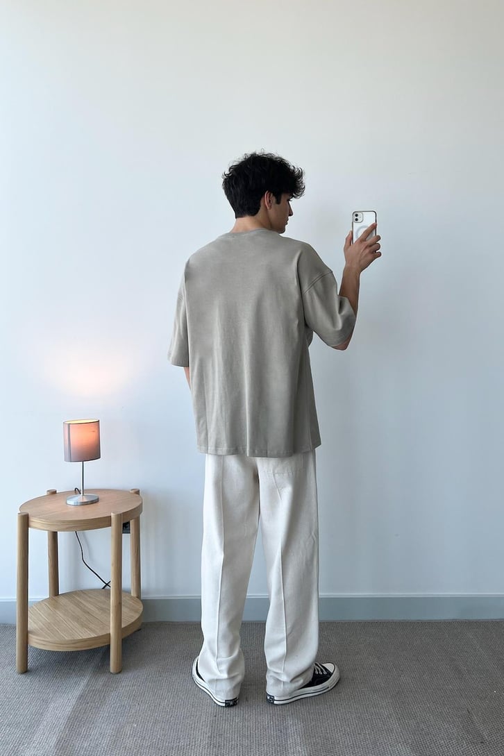 Garment Baskılı Bej Oversize Tişört