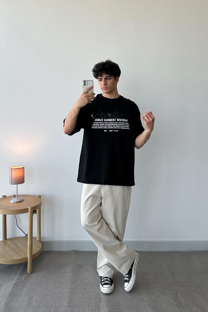 Garment Baskılı Bej Oversize Tişört