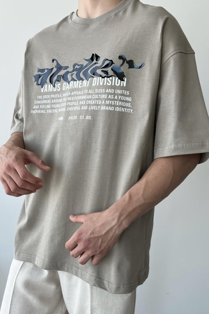 Garment Baskılı Bej Oversize Tişört