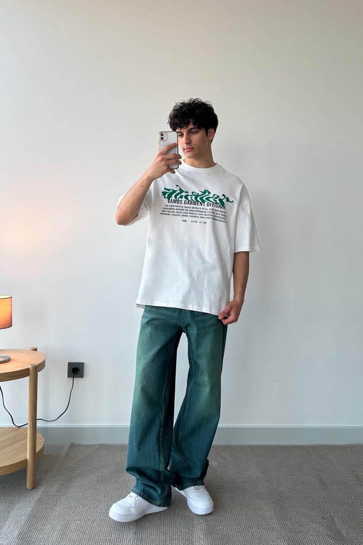 Garment Baskılı Beyaz Oversize Tişört