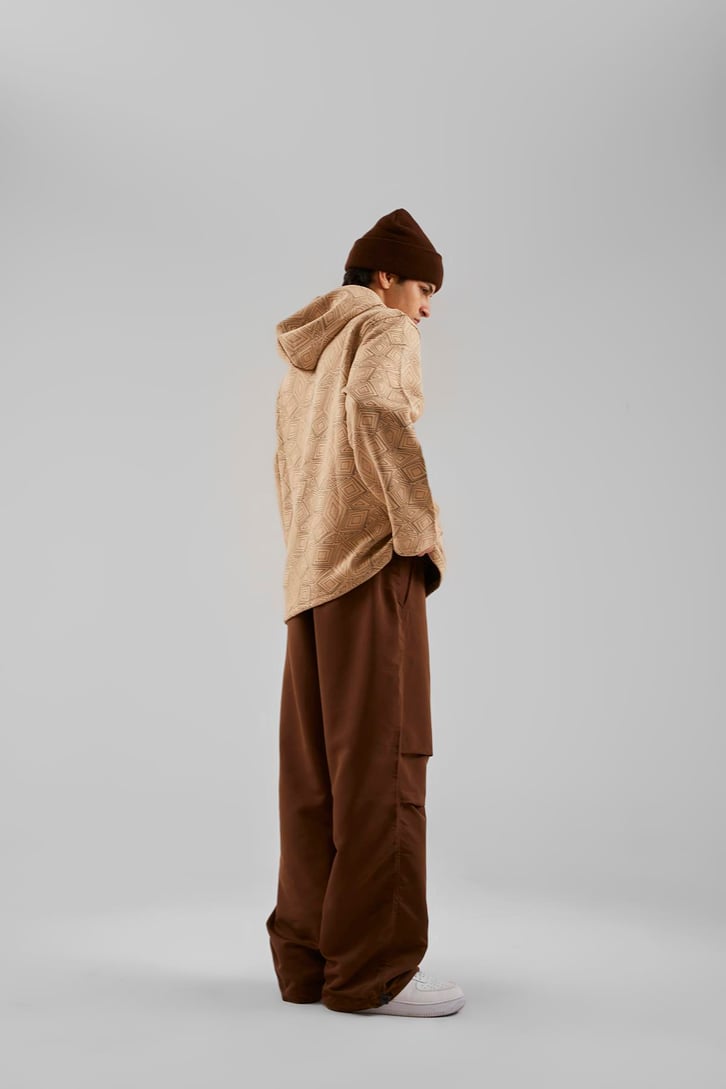 Geometrik Desenli Bej Oversize Hoodie