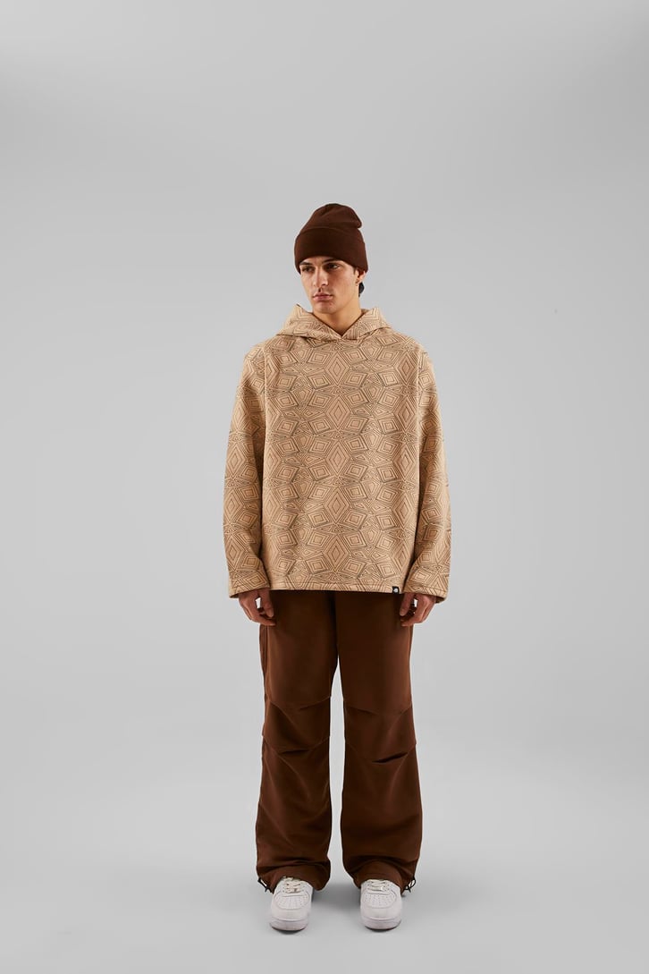 Geometrik Desenli Bej Oversize Hoodie