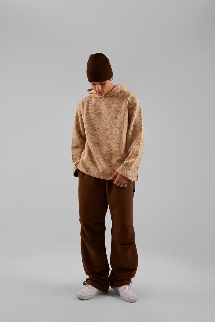 Geometrik Desenli Bej Oversize Hoodie