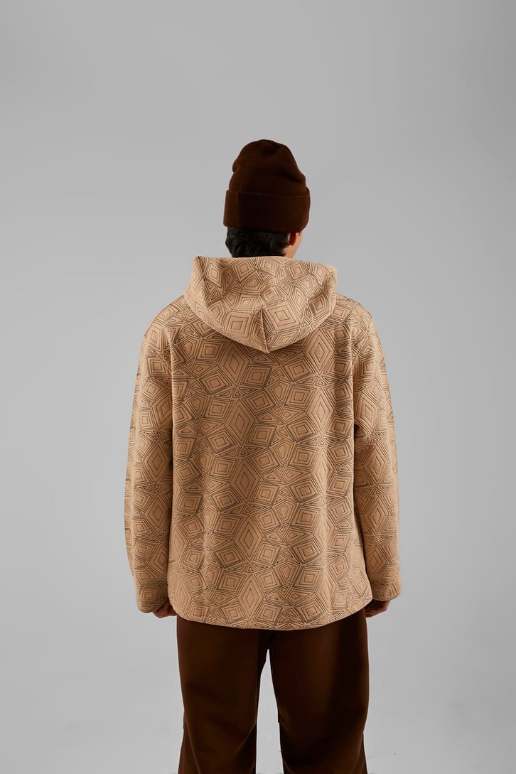 Geometrik Desenli Bej Oversize Hoodie