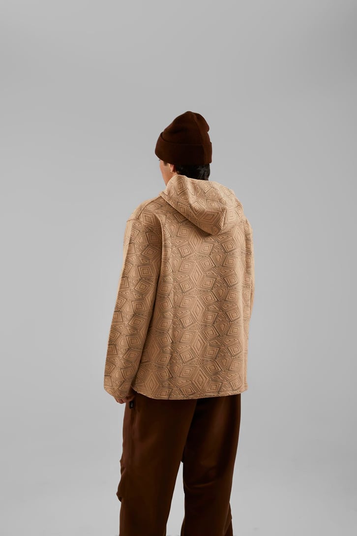 Geometrik Desenli Bej Oversize Hoodie