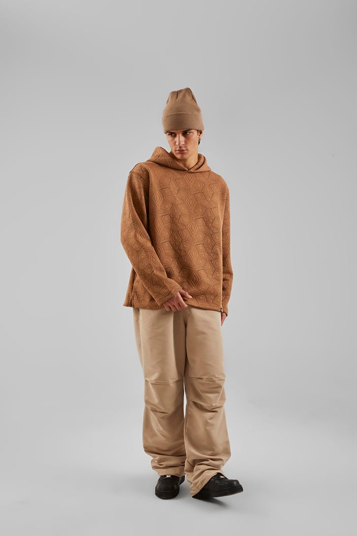 Geometrik Desenli Camel Oversize Hoodie