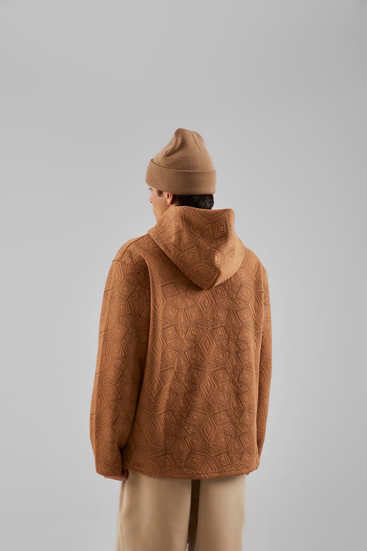 Geometrik Desenli Camel Oversize Hoodie