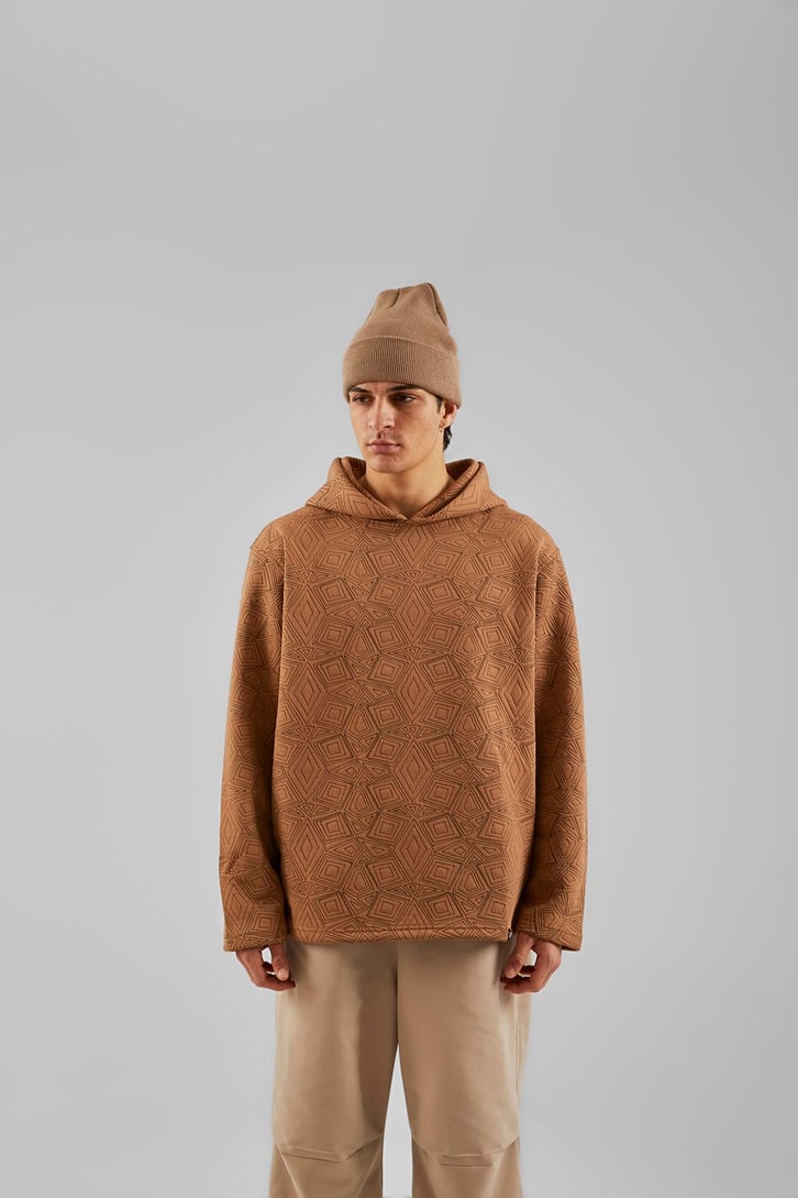 Geometrik Desenli Camel Oversize Hoodie