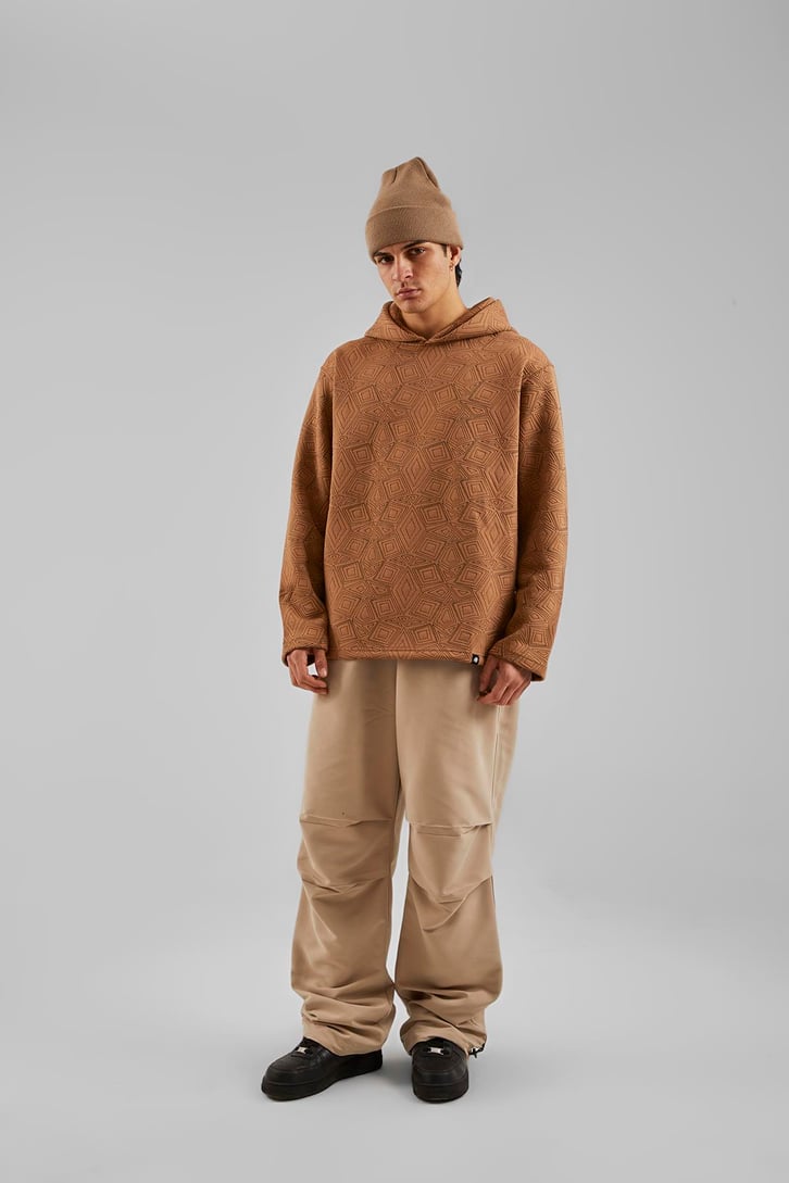 Geometrik Desenli Camel Oversize Hoodie