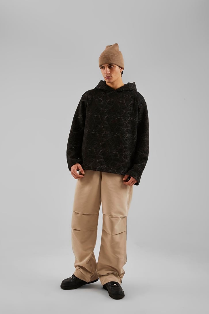 Geometrik Desenli Siyah Oversize Hoodie