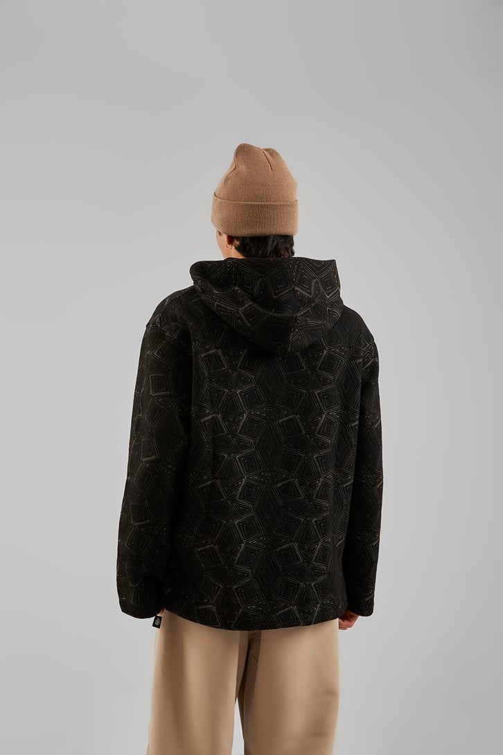 Geometrik Desenli Siyah Oversize Hoodie
